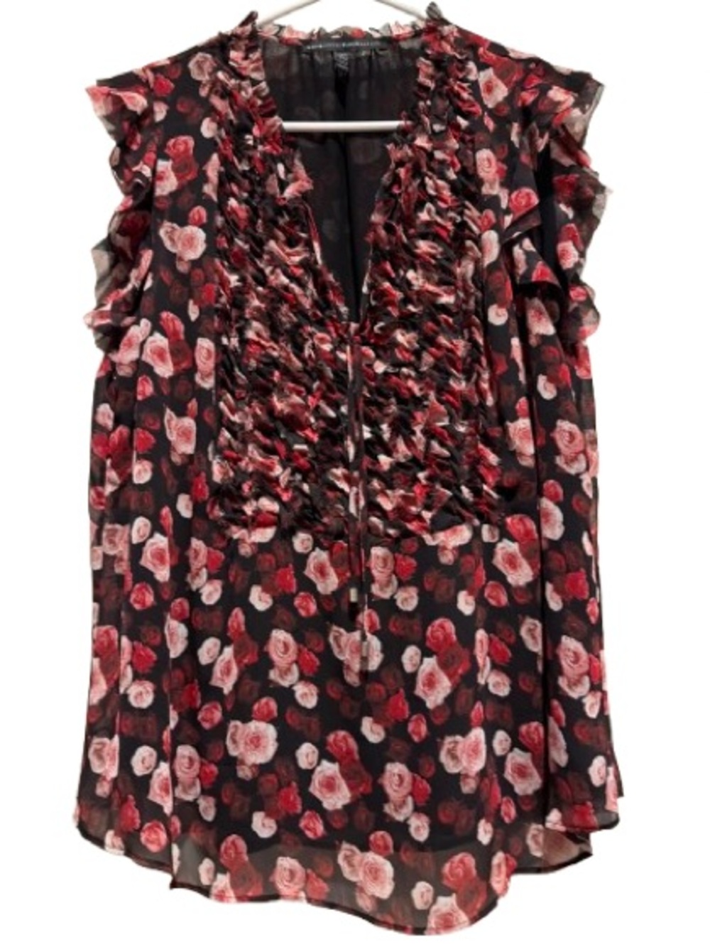 White House Black Market Black Sleeveless Floral Ruffle V-Neck Top  XL
